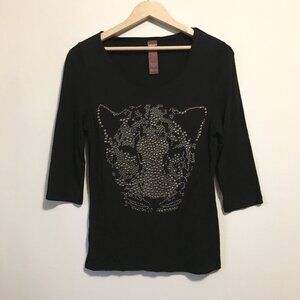 Olsen Europe Metal Studded Big Cat Head Black Shirt Small